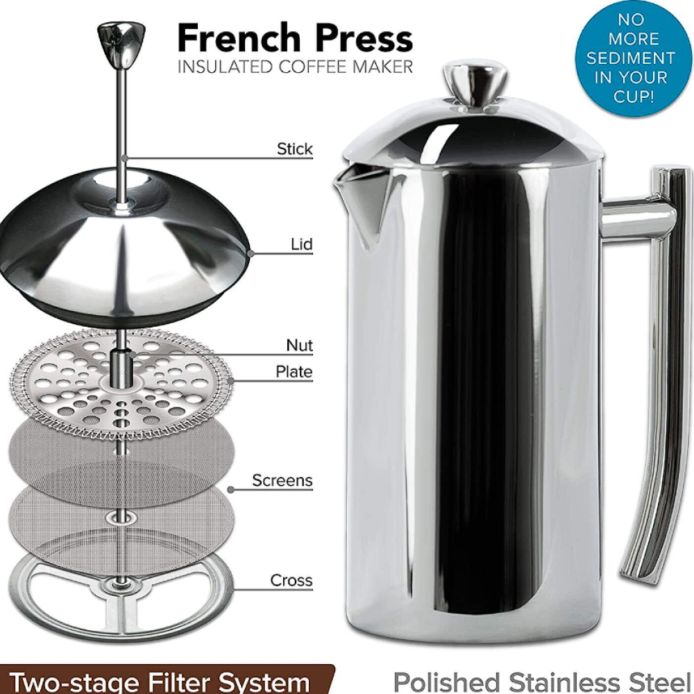 Frieling French Press, Stainless Steel French Press, Double Wall Coffee  Maker with Dual Screen (Exclusive Home Barista Bundle)